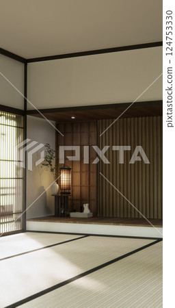 Nihon room design interior with door paper and cabinet shelf wall on tatami mat floor room japanese style. 3D rendering Nihon room design interior with door paper and cabinet shelf wall on tatami mat floor room japanese style. 3D rendering 124753330