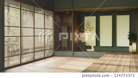 Japan style empty room with graywall with wood wall design. 3d rendering 124753372