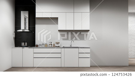 Mock up white modern loft style on kitchen counter scene mockup and set shaped kitchen design. 3d rendering 124753426