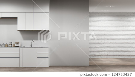 Mock up white modern loft style on kitchen counter scene mockup and set shaped kitchen design. 3d rendering 124753427