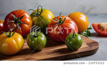 Tomatoes of Different Colors and Sizes on a Wooden Board Tomatoes of Different Colors and Sizes on a Wooden Board 124753522