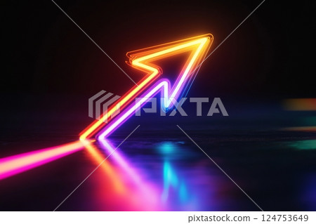 Vibrant Neon Arrow Pointing Upwards on a Black Background Vibrant Neon Arrow Pointing Upwards on a Black Background 124753649