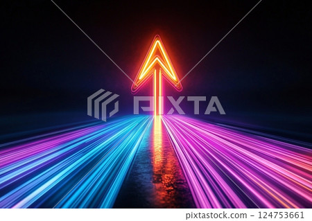 Vibrant Neon Arrow Pointing Upwards on a Black Background 124753661