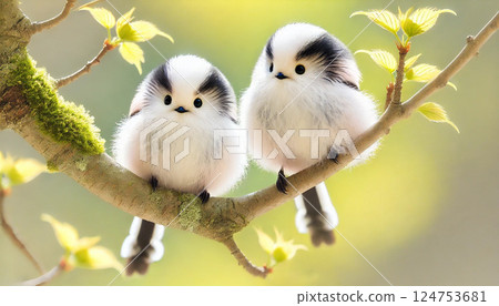 Long-tailed tit and young leaves with fresh greenery 124753681