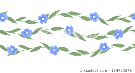 Seamless border of blue forget-me-nots, handmade digital illustration on a white background. An element for the design 124753876
