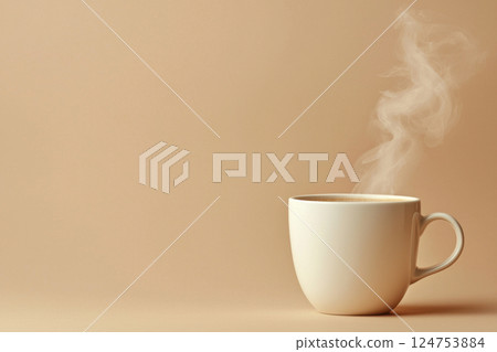 Minimalist ceramic coffee mug on beige background 124753884