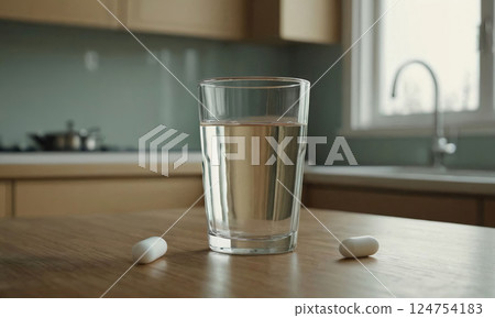 Pills and Water on Kitchen Table Pills and Water on Kitchen Table 124754183