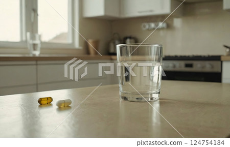 Pills and Water on Kitchen Table Pills and Water on Kitchen Table 124754184