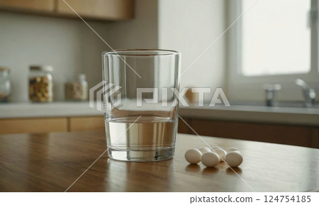 Pills and Water on Kitchen Table 124754185