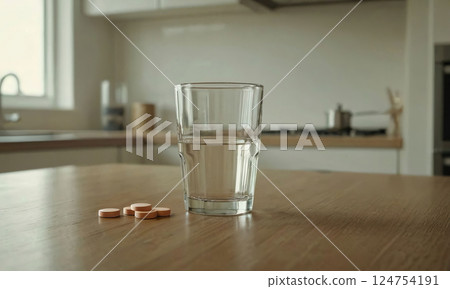 Pills and Water on Kitchen Table Pills and Water on Kitchen Table 124754191