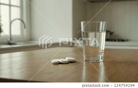 Pills and Water on Kitchen Table 124754194