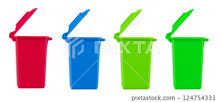 Set multi colors recycling bins with open lid isolated on white background. Garbage, trash bin. 124754331