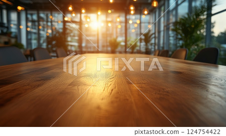 Sunset Light Illuminating a Wooden Table at a Modern Cafe With Large Windows Sunset Light Illuminating a Wooden Table at a Modern Cafe With Large Windows 124754422