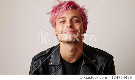 Young Man With Pink Hair Smiles Confidently While Wearing a Black Leather Jacket Indoors 124754439