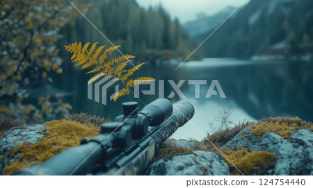 Focus on Nature With a Rifle and Serene Lake View in the Wilderness 124754440