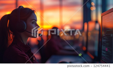 Call Center Employee Assists Customers at Sunset With Vibrant City Backdrop 124754441
