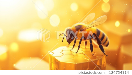 Bee on Honeycomb Glows in Warm Sunlight During Golden Hour in a Lush Garden Setting 124754514