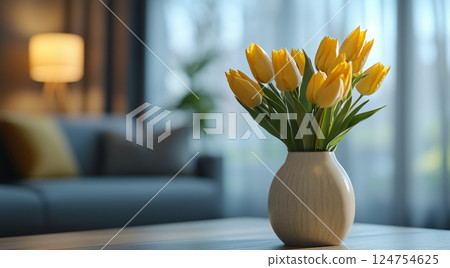 Bright Yellow Tulips in a Sunny Living Room Setting With Green Plants Bright Yellow Tulips in a Sunny Living Room Setting With Green Plants 124754625