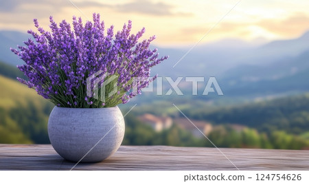 Lavender Bouquet in a Pot Against a Scenic Mountain Landscape During Sunset Lavender Bouquet in a Pot Against a Scenic Mountain Landscape During Sunset 124754626