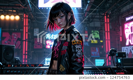 A striking anime character with short black hair, wearing a stylish leather jacket and a graphic tee, stands confidently against a vibrant neon-lit urban backdrop. 124754763