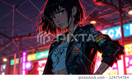 A striking anime character with short black hair, wearing a stylish leather jacket and a graphic tee, stands confidently against a vibrant neon-lit urban backdrop. 124754764