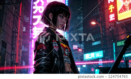 A striking anime character with short black hair, wearing a stylish leather jacket and a graphic tee, stands confidently against a vibrant neon-lit urban backdrop. A striking anime character with short black hair, wearing a stylish leather jacket and a graphic tee, stands confidently against a vibrant neon-lit urban backdrop. 124754765