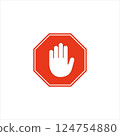Red Octagonal Sign with White Hand Symbol Indicating a Stop or Warning 124754880