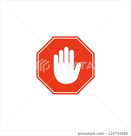 Red Octagonal Sign with White Hand Symbol Indicating a Stop or Warning Red Octagonal Sign with White Hand Symbol Indicating a Stop or Warning 124754880