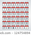 Flat Style Calendar Icons Representing Dates and Symbols for Planning 124754894