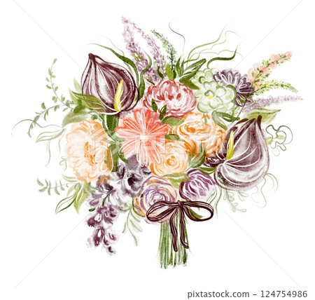 Watercolor illustration of a floral bouquet with blossoms, leaves, and branches. Hand-drawn romantic design for wedding invitations, greeting cards, or posters. Isolated on a white background. 124754986
