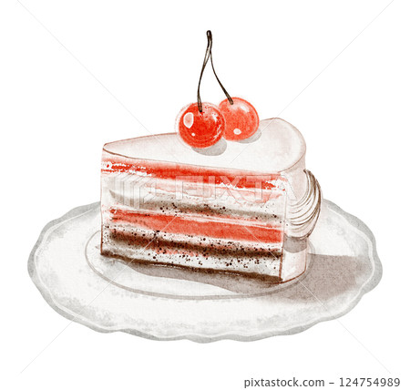 Watercolor illustration of a slice of sponge cake with frosting and a cherry, capturing the elegance and sweetness of a wedding dessert. For bridal shower invitations or anniversary celebrations. Watercolor illustration of a slice of sponge cake with frosting and a cherry, capturing the elegance and sweetness of a wedding dessert. For bridal shower invitations or anniversary celebrations. 124754989