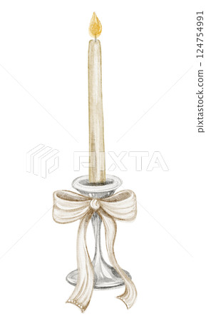 Watercolor illustration of a glowing candle in an antique candlestick. Vintage artwork for invitations, greeting cards, book covers, and packaging. Mystical, gothic design nostalgia, and romance. Watercolor illustration of a glowing candle in an antique candlestick. Vintage artwork for invitations, greeting cards, book covers, and packaging. Mystical, gothic design nostalgia, and romance. 124754991