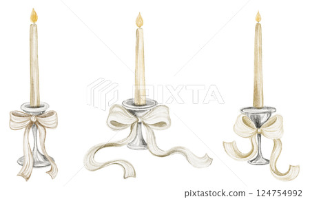 Watercolor illustration of a glowing candle in an antique candlestick. Vintage artwork for invitations, greeting cards, book covers, and packaging. Mystical, gothic design nostalgia, and romance. Watercolor illustration of a glowing candle in an antique candlestick. Vintage artwork for invitations, greeting cards, book covers, and packaging. Mystical, gothic design nostalgia, and romance. 124754992