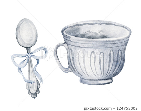 Watercolor illustration of an elegant tea set with a porcelain cup and teaspoon. Drawing of vintage crockery and traditional kitchenware for tea time invitations. For a classic teatime setting. 124755002