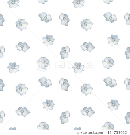 Watercolor seamless muted floral pattern with small blue daisies and wild flowers. Elegant and romantic design for textile, fashion, or wrapping paper. Perfect for spring and summer decor. Watercolor seamless muted floral pattern with small blue daisies and wild flowers. Elegant and romantic design for textile, fashion, or wrapping paper. Perfect for spring and summer decor. 124755012