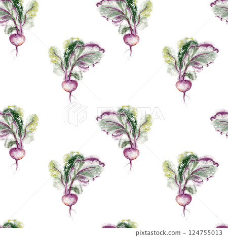 Watercolor seamless pattern with beetroot and leaves. Hand painted botanical illustration for kitchen wallpaper or eco wrapping paper. Organic backdrop for healthy food or vegan design. Watercolor seamless pattern with beetroot and leaves. Hand painted botanical illustration for kitchen wallpaper or eco wrapping paper. Organic backdrop for healthy food or vegan design. 124755013