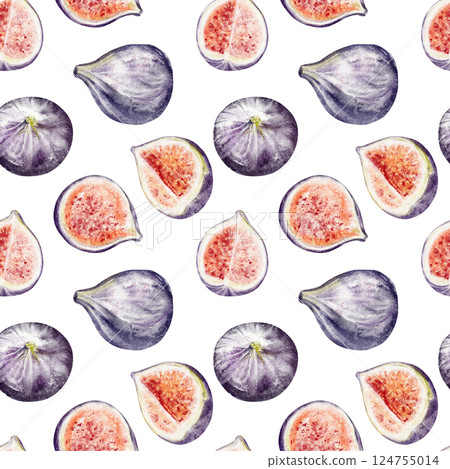 Watercolor fruit pattern featuring fresh fig and tropical slices on a seamless backdrop. Perfect for kitchen textiles, fabric prints, or vibrant summer wallpaper. Food backdrop for baby textile. Watercolor fruit pattern featuring fresh fig and tropical slices on a seamless backdrop. Perfect for kitchen textiles, fabric prints, or vibrant summer wallpaper. Food backdrop for baby textile. 124755014