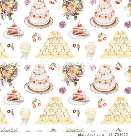 Watercolor seamless pattern with cakes, slide of champagne and sweet treats. Perfect for birthday gift wrapping, cafe decor, or homemade dessert packaging. Elegant and festive design for celebrations. Watercolor seamless pattern with cakes, slide of champagne and sweet treats. Perfect for birthday gift wrapping, cafe decor, or homemade dessert packaging. Elegant and festive design for celebrations. 124755015