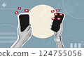 Creative halftone hands with phone and likes.Trendy illustration for web banner,social media,marketing, sales.Retro online likes template,sales,sales increase,global strategy. 124755056