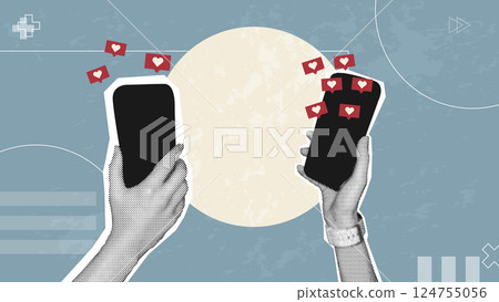 Creative halftone hands with phone and likes.Trendy illustration for web banner,social media,marketing, sales.Retro online likes template,sales,sales increase,global strategy. 124755056