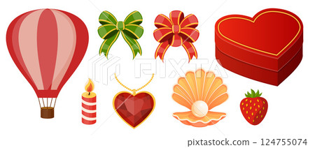 Romantic Icons Collection Featuring Hot Air Balloon, Heart Shaped Box, Decorative Bows, Candle, Heart Necklace, Pearl Shell, and Strawberry 124755074