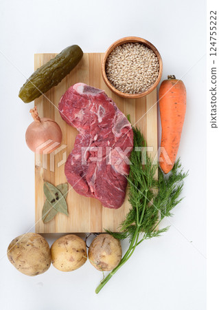 Top view of Leningradsky rassolnik soup cooking set. 124755222