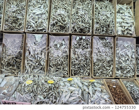 Korean seafood food ingredient. Dried anchovies. Korean seafood food ingredient. Dried anchovies. 124755330