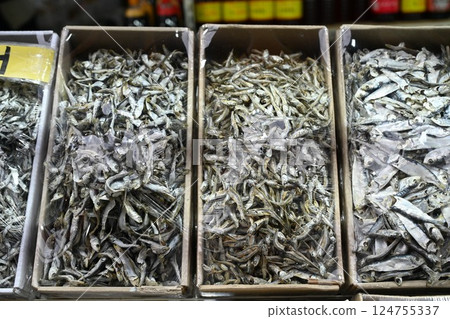 Korean seafood food ingredient. Dried anchovies. 124755337