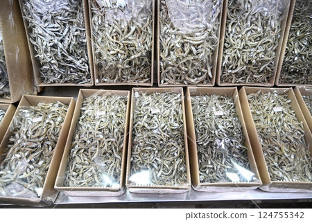 Korean seafood food ingredient. Dried anchovies. 124755342