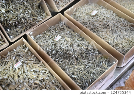 Korean seafood food ingredient. Dried anchovies. 124755344