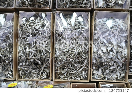 Korean seafood food ingredient. Dried anchovies. 124755347