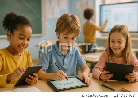 Children Engaged in Fun Learning Activities During Classroom Session With Tablets and Smartboard 124755468