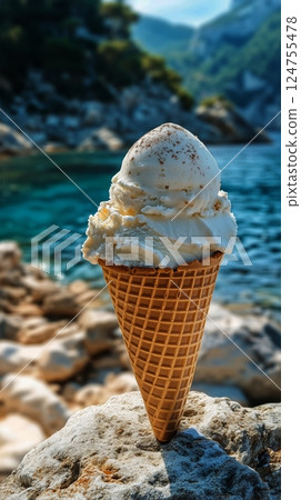 Enjoying a Delicious Ice Cream Cone by the Tranquil Blue Water in a Scenic Outdoor Location 124755478