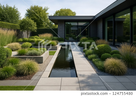 Contemporary Landscape Design With Lush Greenery and Serene Water Features in a Modern Backyard 124755480